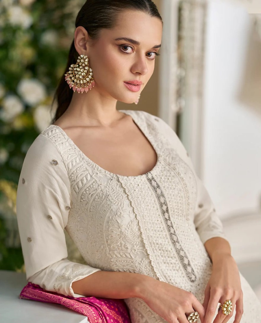 WHITE - White Chikankari Embroidered Wedding Festive Anarkali Gown